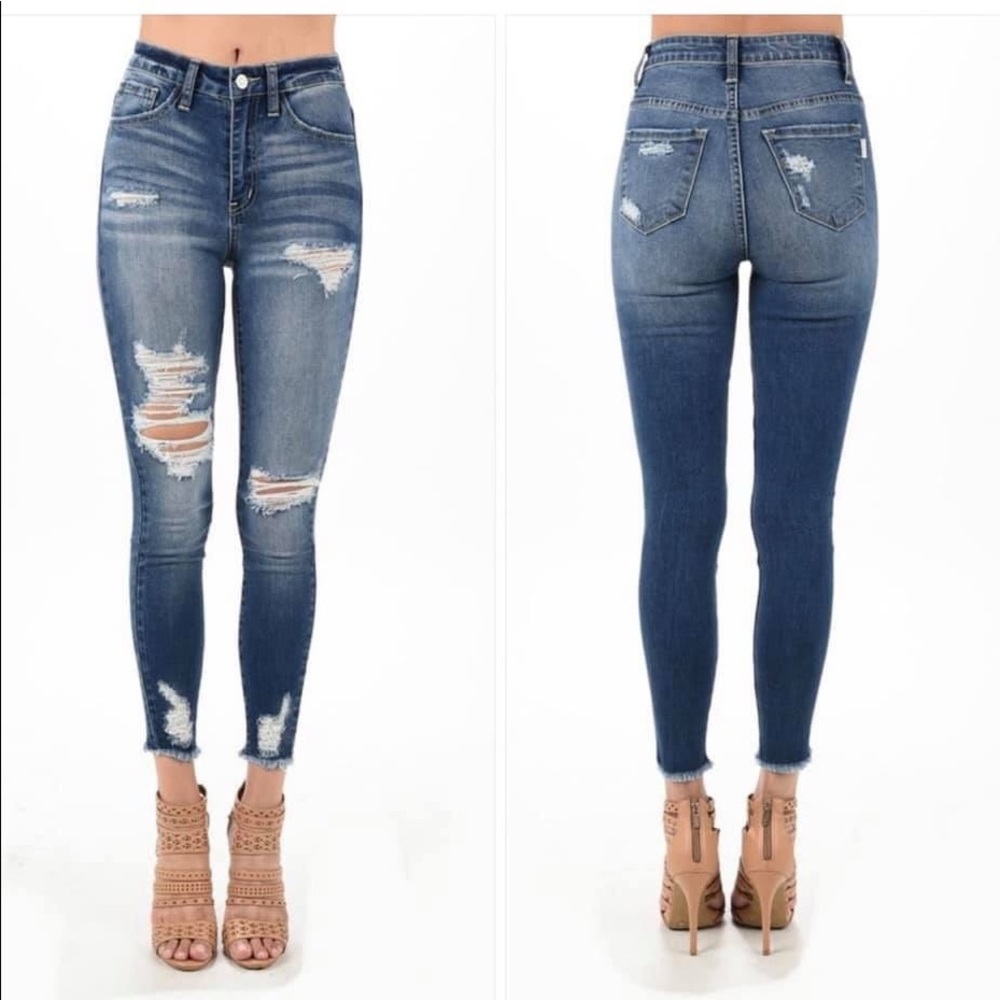 Med Wash Distressed Skinny Jeans